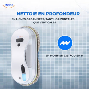 robot de fenêtre télécommandé en fonctionnement sur une grande baie vitrée