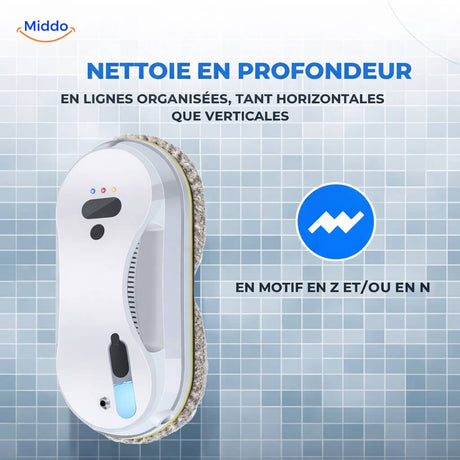 robot de fenêtre télécommandé en fonctionnement sur une grande baie vitrée