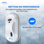 robot de fenêtre télécommandé en fonctionnement sur une grande baie vitrée