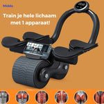roue abdominale pro noire utilisée par un homme actif en extérieur sur fond orange