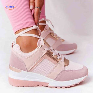 Baskets femme Stridez à semelle rehaussée en mesh, rose, vue latérale, vue 4
