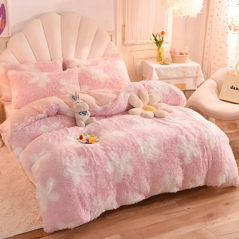 Parure de lit Teddy Fluffy en polaire, Nuages roses et blancs