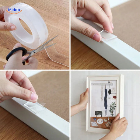 ruban double face sans trace utilisé pour fixer une décoration murale sans percer le mur