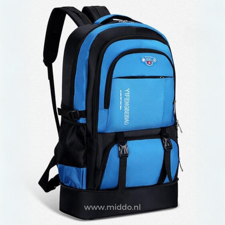 sac à dos de voyage 65l coloris bleu avec bretelles rembourrées solides et résistantes
