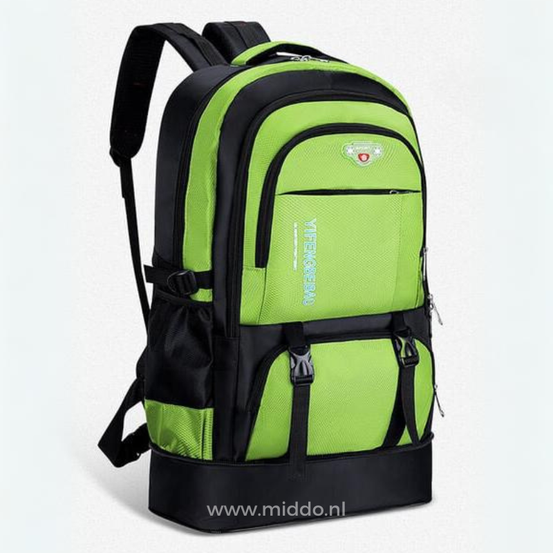 sac à dos de voyage 65l coloris vert avec multiples compartiments et poches organisées