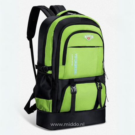 sac à dos de voyage 65l coloris vert avec multiples compartiments et poches organisées