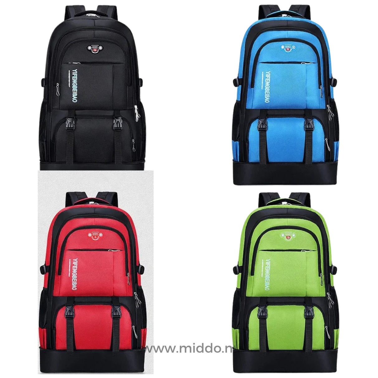 sac à dos de voyage 65l disponible en quatre coloris : vert, bleu, rouge et noir