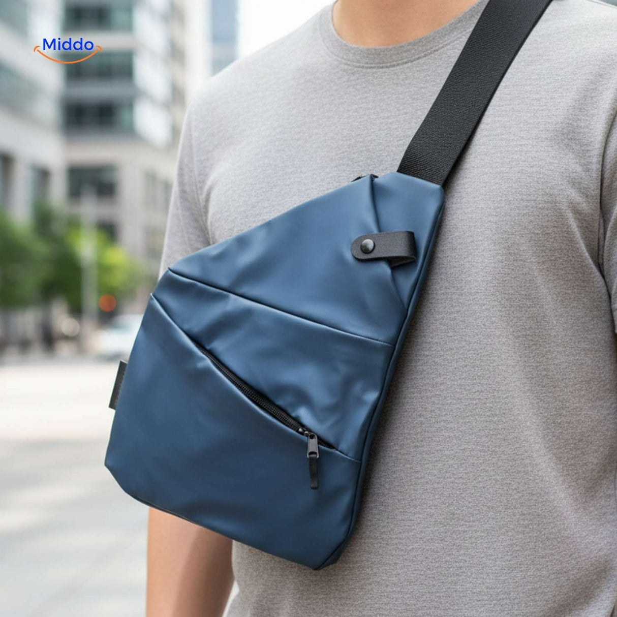 sac bandouliere bleu unisexe porté en style urbain dans la rue