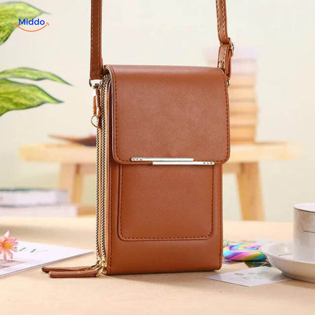 sac bandoulière à écran tactile coloris marron, compact et durable