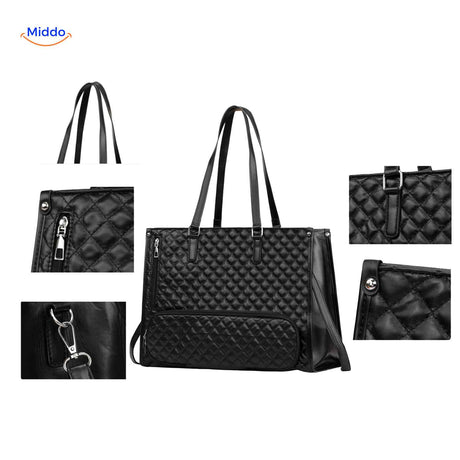 gros plan sur le détail matelassé du sac cabas noir avec accessoires inclus
