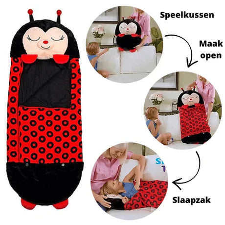 sac de couchage peluche coccinelle completement deplie, face visible