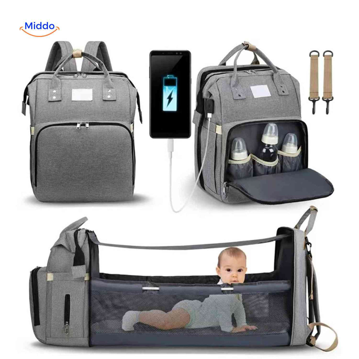 sac à dos bébé multifonction gris avec lit pliable intégré et port de charge USB