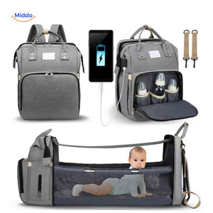 sac à dos bébé multifonction gris avec lit pliable intégré et port de charge USB