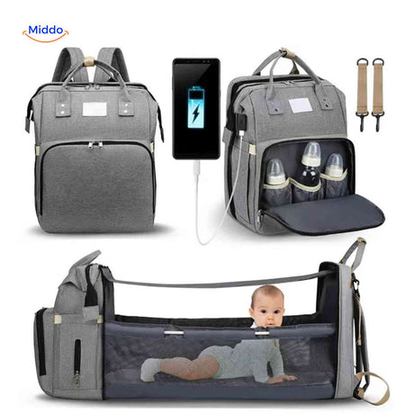 sac à dos bébé multifonction gris avec lit pliable intégré et port de charge USB