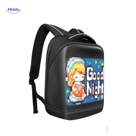 sac à dos LED pixel art porté par une fille, écran interactif personnalisable
