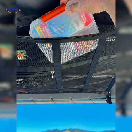 sac filet de rangement avec boîte à leurres et accessoires de pêche organisés