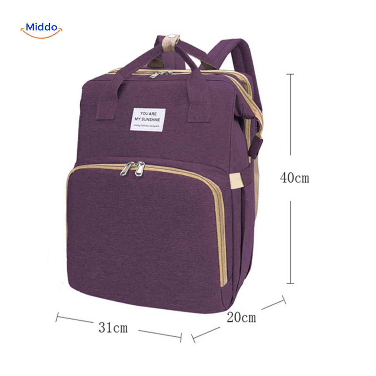 sac à langer violet avec aperçu des dimensions compactes pour faciliter les déplacements