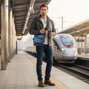 sac de poitrine bleu porté par un voyageur dans une gare ou station