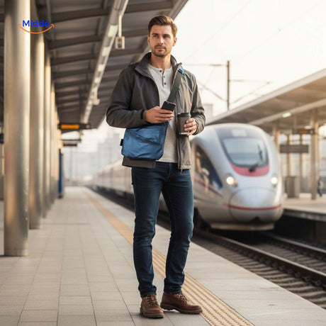 sac de poitrine bleu porté par un voyageur dans une gare ou station