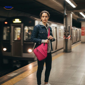 sac de poitrine rose porté par une femme assise sur un banc au bord de l'eau