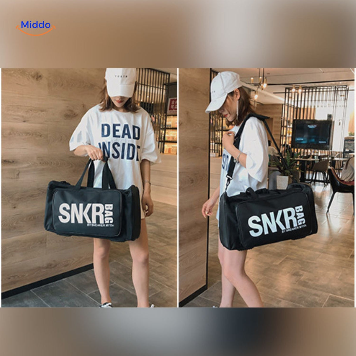 version blanche du sac de sport tenue par une personne portant des gants