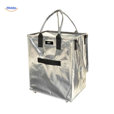 sac trolley coloris argent pliable avec roulettes et grand espace de rangement