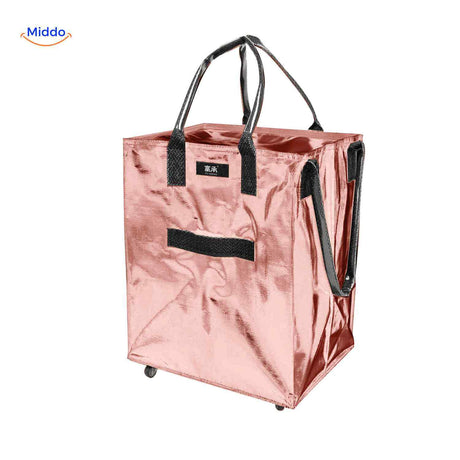 sac trolley rose metallise pliable avec roulettes et anses pour une utilisation polyvalente