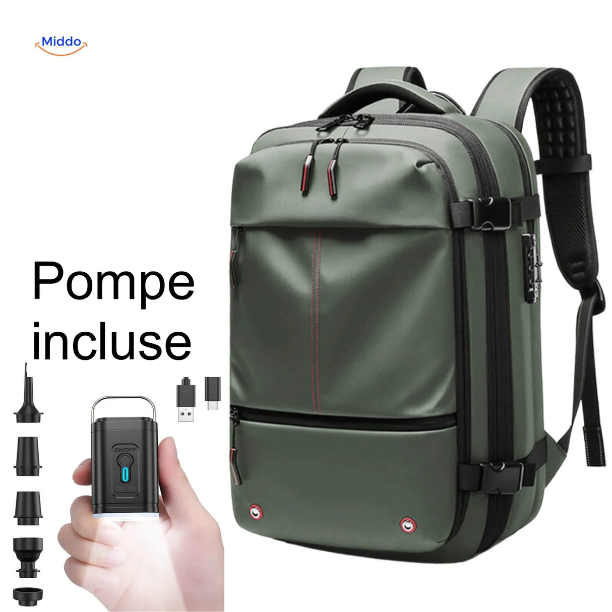 sac de rangement sous vide VacuPro vert armée avec pompe électrique incluse pour compression facile
