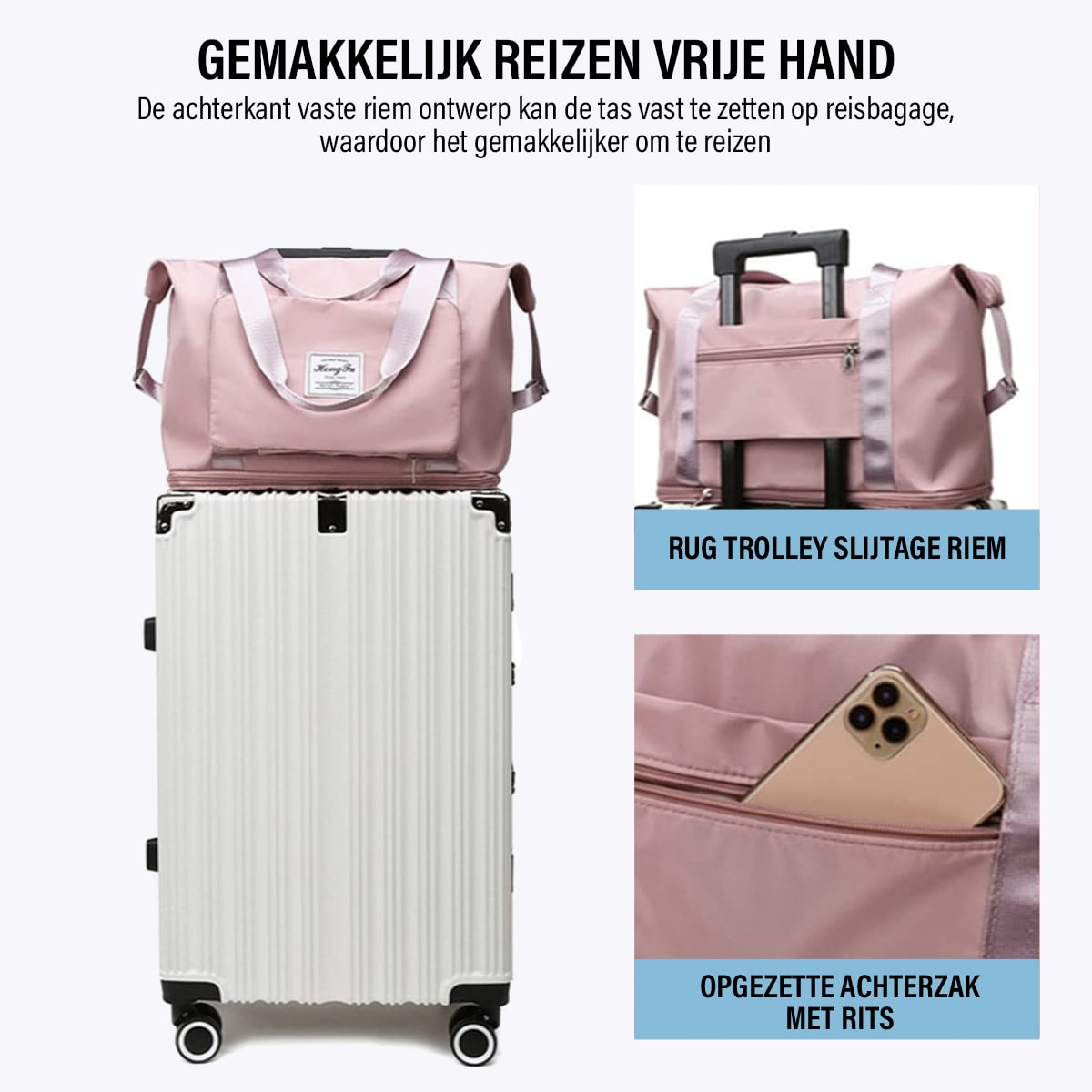 sac de voyage polyvalent avec ses 3 modes de transport illustrés, mains libres sur valise
