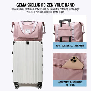 sac de voyage polyvalent avec ses 3 modes de transport illustrés, mains libres sur valise