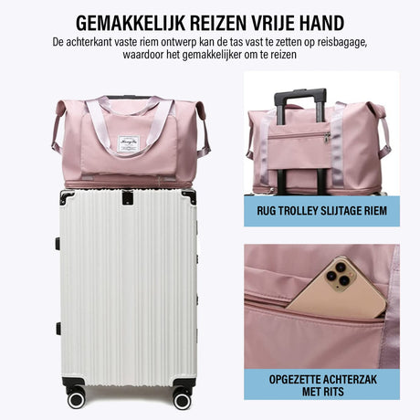 sac de voyage polyvalent avec ses 3 modes de transport illustrés, mains libres sur valise