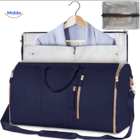 sac de voyage compact luxe en coloris bleu, photo produit fond épuré