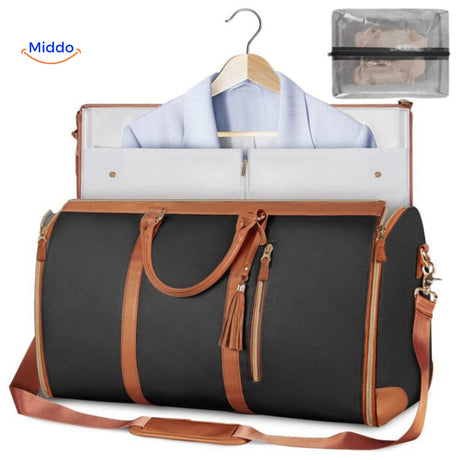 sac de voyage compact luxe en coloris brun et noir, photo produit fond épuré