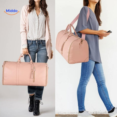 sac de voyage compact porté par une femme en situation, style élégant et pratique
