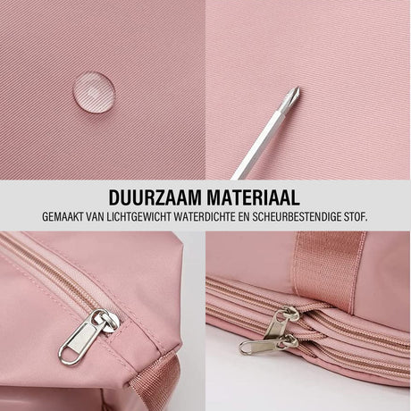 gros plan sur le tissu léger, imperméable et résistant aux déchirures du sac de voyage coloris rose