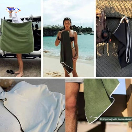 serviette magnétique en situation à la plage et en voyage, facile à transporter