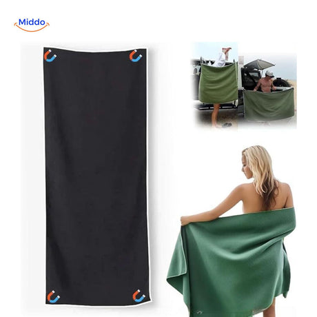 serviette de plage magnétique séchage rapide coloris noir avec fermeture aimantée