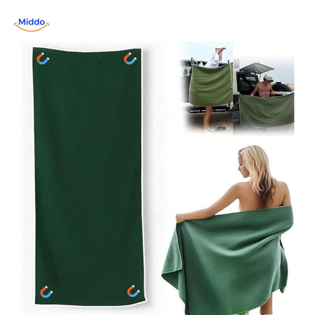 serviette de plage magnétique séchage rapide coloris vert avec fermeture aimantée