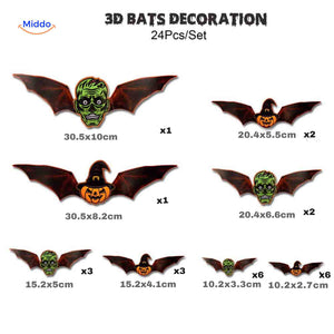 set de 24 chauves-souris 3d halloween style monstre, stickers muraux led à l'aspect terrifiant