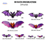 set de 24 chauves-souris 3d halloween style violet, décoration murale lumineuse couleur mauve