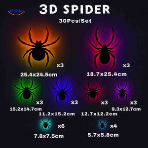 set de 30 araignées 3d led halloween, grande décoration murale lumineuse pour soirée d'horreur