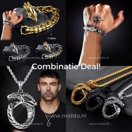 set combo bracelet et collier dragon viking or et argent portés par des modèles, offre groupée