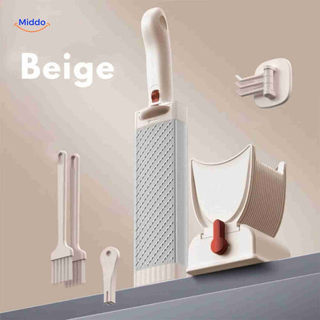 accessoire de cuisine complet en beige avec trancheuse multifonction et tous ses accessoires