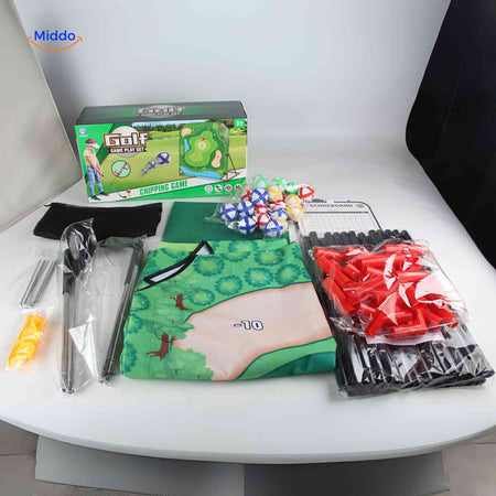 set de golf complet avec filet, balles et cadre, aperçu de tout le contenu du kit
