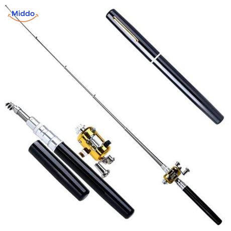 set de canne à pêche compact noir complet avec moulinet, robuste et facile à emporter partout