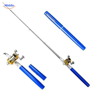 set de pêche portable bleu avec moulinet, parfait pour les voyages et les vacances