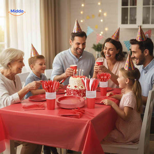 set vaisselle fête anniversaire avec table joliment décorée et couverts assortis