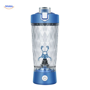 shaker électrique coloris blanc avec mixeur automatique intégré pour boissons sportives