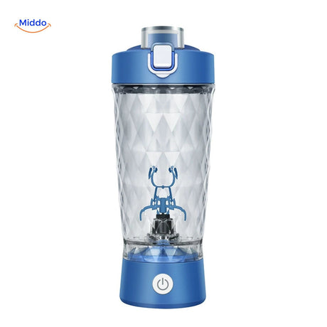 shaker électrique coloris blanc avec mixeur automatique intégré pour boissons sportives