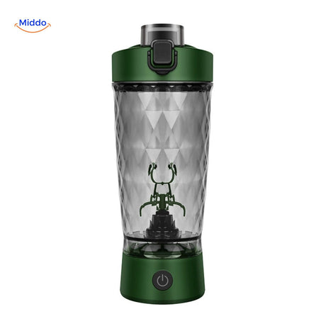 shaker électrique coloris rose avec pod de rangement détachable pour compléments alimentaires